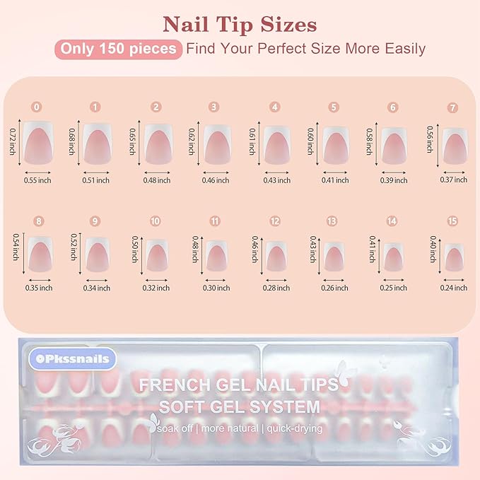 Pink French Gel Nail Tips, OPkssnails 150pcs Short Square Soft Deep French tip press on nails, Pre-shaped Acrylic False Nails, No Need to File Fake Nails Extension in 15 Sizes