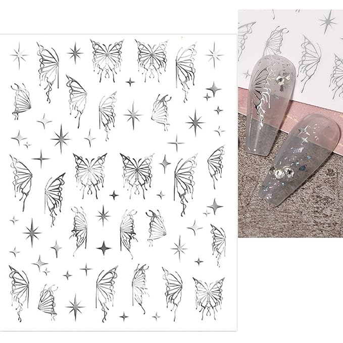 SILPECWEE 6 Sheets Butterfly Nail Stickers - 3D Nail Art Decals, Metallic Silver Aurora Retro Designs, Self-Adhesive Manicure Stickers