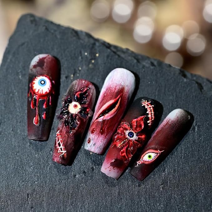 1 Sheet Halloween Nail Stickers 3D Self Adhesive Flower Eyes Nail Art Stickers 5D Embossed Devil's Flower Nail Decals Glossy Red Black Nail Design Holiday Nail Art Supplies for Women Girls