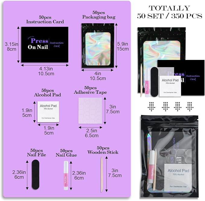 Disposable Nail Supplies Kits,Professional Manicure Press On Nail Tool Kit With Nail File,Adhesive Tabs,Nail Glue,Sticks, Prep Pads,Bags,Cards for Nail Business (Black-350pcs50set)