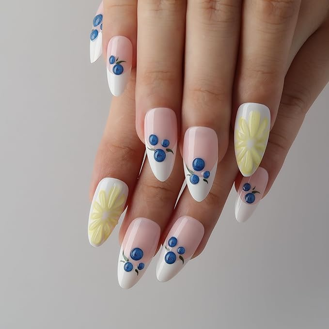 3D Blueberry Flowers Press On Nails Almond Medium, 3D Pattern Designer Reusable Acrylic Nails Press Ons, Fake Nails With Glue On, Daily Wear Floral False Nails For Women