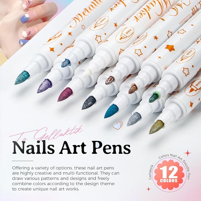 12 Colors Nail Art Pens Set with 3 Stencils, 2nd-Head Nail Art Markers Polish Pen for Drawing Painting Nail, Waterproof and Quick Dry Pen Liner Brush for Nail Beauty Gift for Christmas Easter Basket