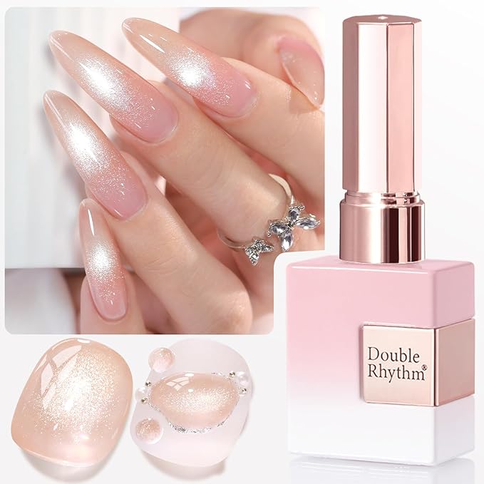 Double Rhythm 0.5 Oz Cat Eye Gel Polish with Magnet Same Color Same Bottle Holographic Glitter Shimmer Translucent Color Salon 15 ML Magnetic Nail Art (Nude Pink-MC1154)