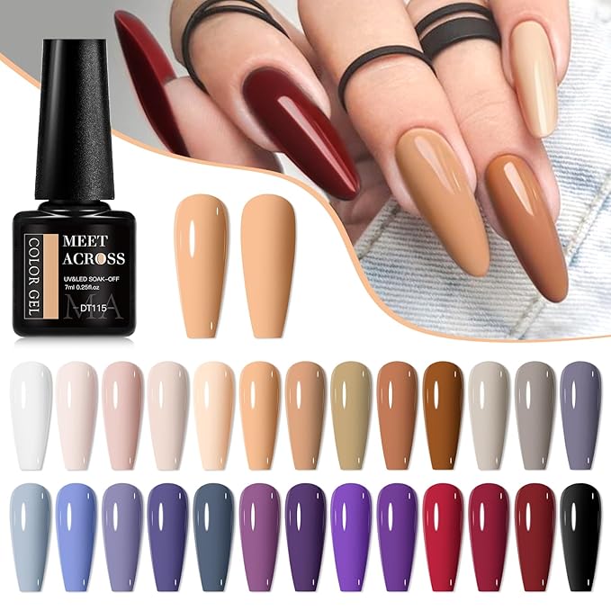 MEET ACROSS Nude Gel Nail Polish 26 Colors Skin Tone Nude Brown Gel Polish Grey Purple Red Fall Winter Series Nail Polish Kit Manicure Gifts for Women Girls 30Pcs