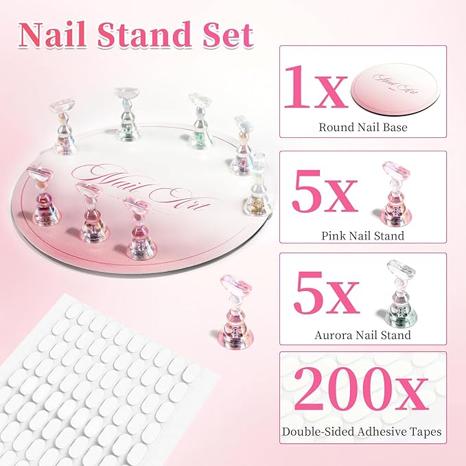 BQAN Nail Stand for Press Ons, Magnetic Nail Holder for Painting | Display | Fake Nails Practice with 200 Pcs Adhesive Tabs, Round Metal Base Nails Art Tools Homes and Salons Use