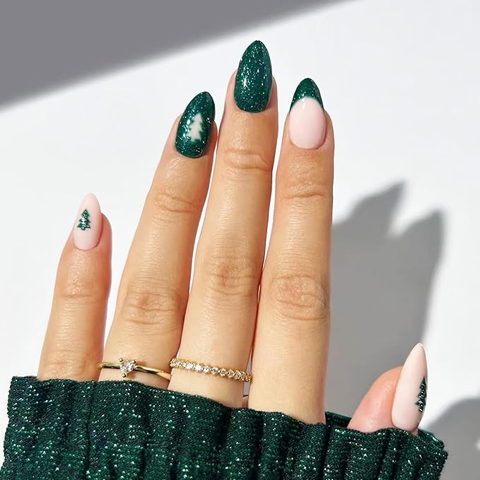 30pcs Shining Green Short Almond Press On Nails with Tree and French Tips for Themed Costumes, Reusable Nail Kit with Nail Adhesive Tabs Mini Nail File, 15 Sizes (Green)