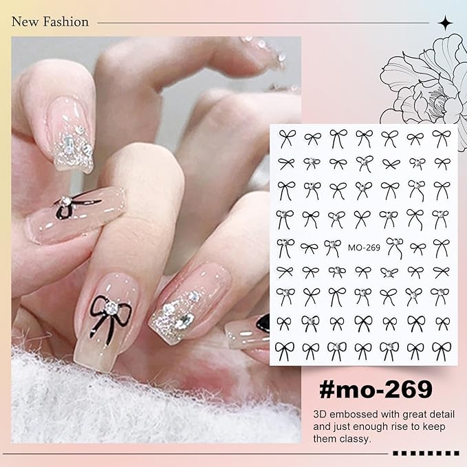 5 Sheets Bow Nail Sticker 3D Embossed Self-Adhesive Color Bow Art Nails Decals 5D Design Stickers Supplies for Women Girls Manicure Decoration 807-19