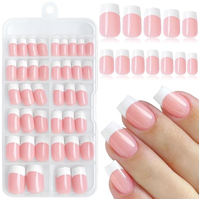 120PC White French Tip Press on Nails Short Fake Nails Press ons with 5*Adhesive Tabs, Pink Square Acrylic Nail Press on Nail French Tip Nails False Artificial Fingernails Stick on Nails-F