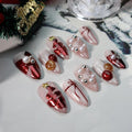 Christmas Press on Nails Bow Fake Nails Hand-Painted Nail Xmas Tree Glue on Nails with Pearl Design Handmade Nail Press ons Glitter Full Cover Almond Stick on Nail for Women Shiny Manicure (M)