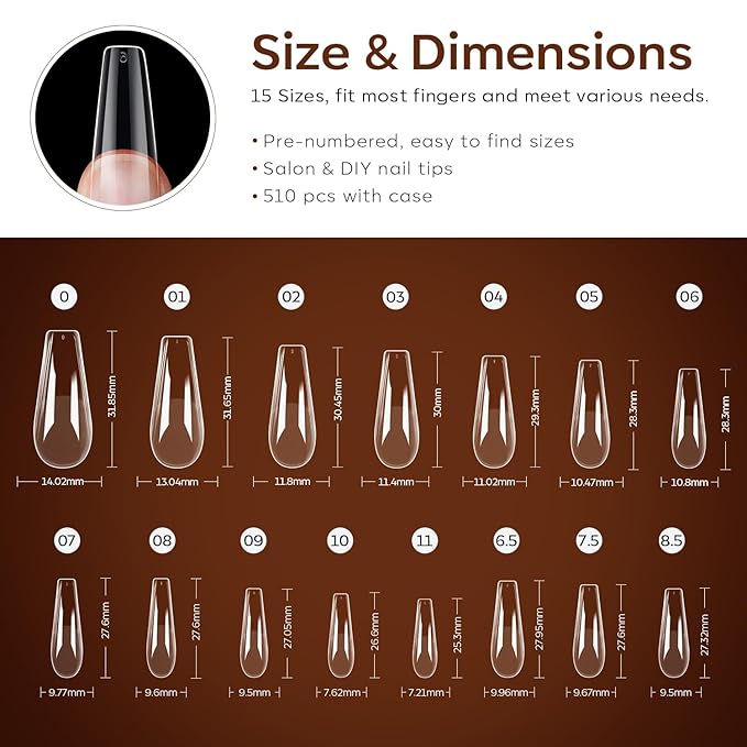 Modelones Long Coffin Nail Tips - 510Pcs Pre-shaped Half Matte Full Cover Fake Nails Gel Tips Acrylic Press on Manicure Extension DIY 15 Sizes