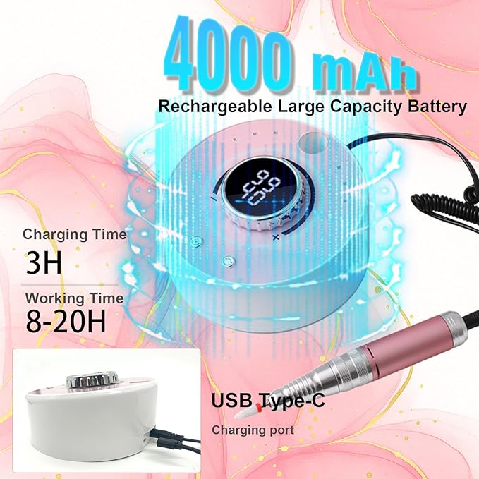 Electric Nail Drill with Brushless Motor, 40000RPM Professional Cordless Nail File for Acrylic & Gel Removal - Rechargeable Manicure & Pedicure Kit with 12 Bits for Home and Salon Use (Blue)