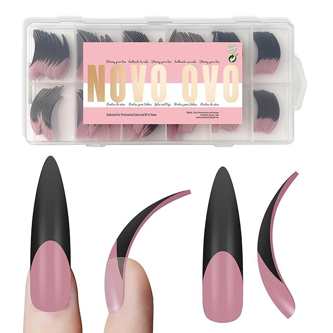 NOVO OVO Halloween Black XXL Curved Stiletto Almond French Tip Nail Tips Press on BERRY PINK, Full Cover Extra Thick Acrylic Hawk Curve Fake Extension Kit, No Nail Glue Included, 12 Sizes 144 pcs
