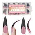 NOVO OVO Halloween Black XXL Curved Stiletto Almond French Tip Nail Tips Press on BERRY PINK, Full Cover Extra Thick Acrylic Hawk Curve Fake Extension Kit, No Nail Glue Included, 12 Sizes 144 pcs