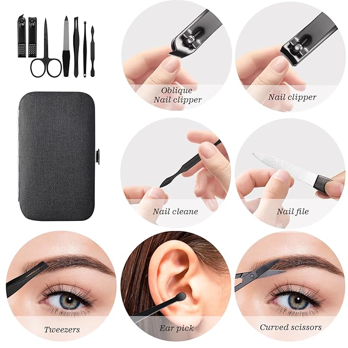 Manicure Pedicure Set Personal Care Nail Clipper Kit 7 PCS Manicure and Pedicure Kit Nail Care Kit for Men Suitable for Travel(Black) Present for Men Husband Boyfriend Parent