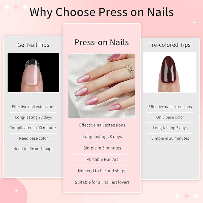 Skycloud Cat Eyes Press On Nails - 24 Pcs Soft Gel Rose Red Pink Medium Coffin Fake Nails Kit with Nail Glue, Natural Reusable Stick On False Nails for Women and Girls (SK0719)
