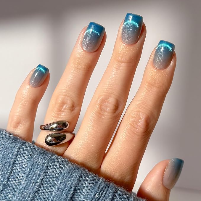 Glamnetic Press On Nails x Harry Potter™ - Lumos | Short Squoval Fake Nails with Velvet Blue Magnetic Gradient Tips, Salon Quality Officially Licensed | 15 Sizes - 30 Nail Kit with Glue