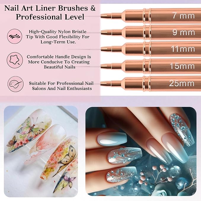 5pcs Nail Art Liner Brushes,Liner Brush For Nails Gel,Painting Art Design Brush Set Nail Dotting Drawing Tool For Long Lines, Thin Details, Fine Drawing Sizes 7/9/11/15/25mm（Rose Golden）