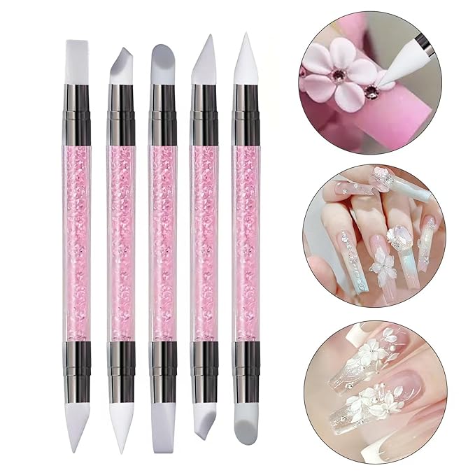 5Pcs Double-Ended Silicone Nail Art Brushes, Dual-Tip Dotting & Sculpting Tools for Gel Polish, 3D Nail Art, Shaping, Drawing, Embossing & Manicure Clean Up-Pink