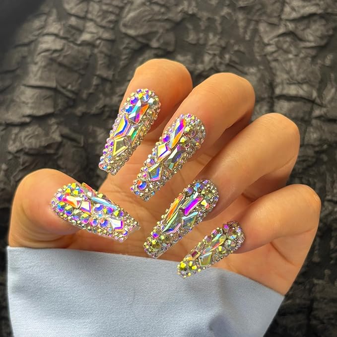 Trendy Handmade Press On Nails Long Square Shape,10Pcs Crystal AB Diamonds Large Acrylic Fake Nails with 3D Rhine Stone Luxury Design Stick On Nail for Woman Gift