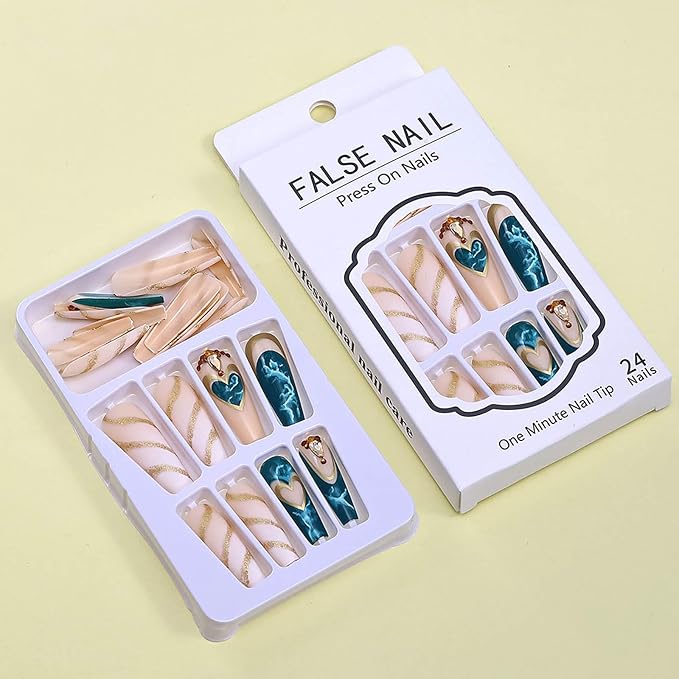 RTKHFZE French Tip Press on Nails Extra long Press on Fake Nails Square False Nails with Swirl and Blue Heart Designs Acrylic Press on Nails with Glue Stick on Nails for Women Nail Decorations