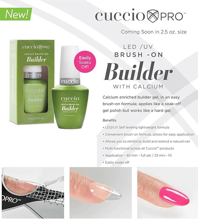 Cuccio Brush on Builder Gel with Calcium - 13ml, Clear - Long-Lasting LED / UV Gel Builder Nail Polish - Extra Strong, Easy Removal