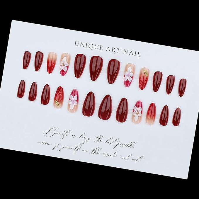 Red Press on Nails Medium Almond, Fake Nails with 5D Flower Design, Glossy Ombre Glue on Nail, Water Ripple French Tips Nails, Press ons Reusable, Gold Beads Acrylic Nail for Women Manicure