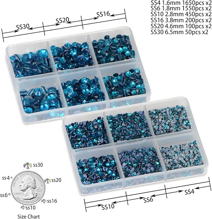 8000pcs Hotfix Rhinestones Flatback,Rhinestones for Crafts Clothes Mixed 6 Sizes, Hotfix Crystals with Wax Pencil Kit, SS4-SS30,Blue Zircon