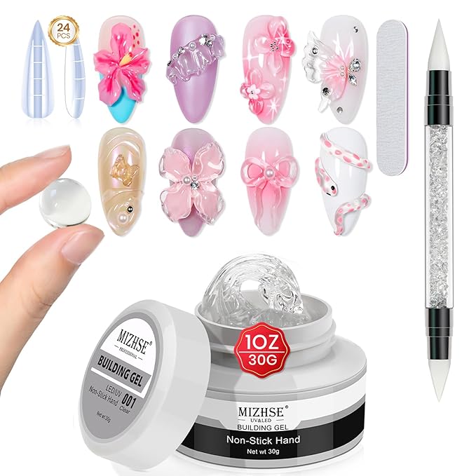 MIZHSE 30g 3D Gel Nail Art 5 in 1 Non-Sticky Hand Solid Builder Gel for Nails Sculpting Hard Gels with Dual Form for 3D Carving Patterns Flowers Nail Art Design Home DIY Manicure for Women