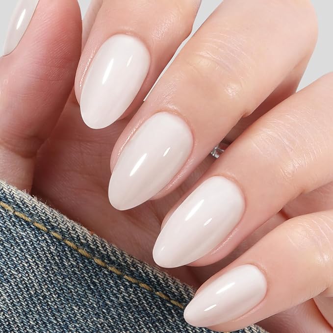 UNA GELLA White Press On Nails: Short Almond Soft Gel Press Ons Short Kit with Nail Glue on Nails, 16 Sizes - 32 Reusable Fake Nails Kit, Sheer Nude