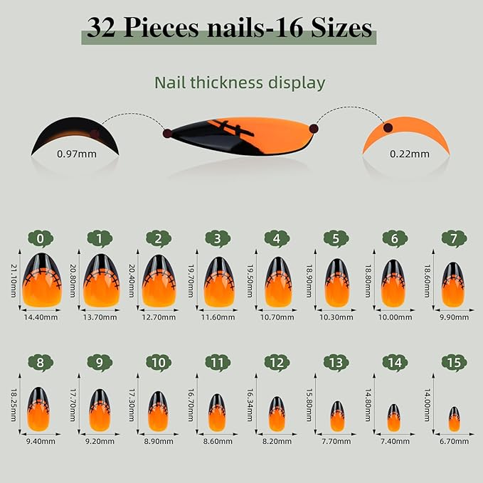 Orange French Tip Press On Nails Short Almond, Glossy Reusable Press On Nails for Women, 32 Count 16 Sizes Nail Kit with Glue (SV-09)