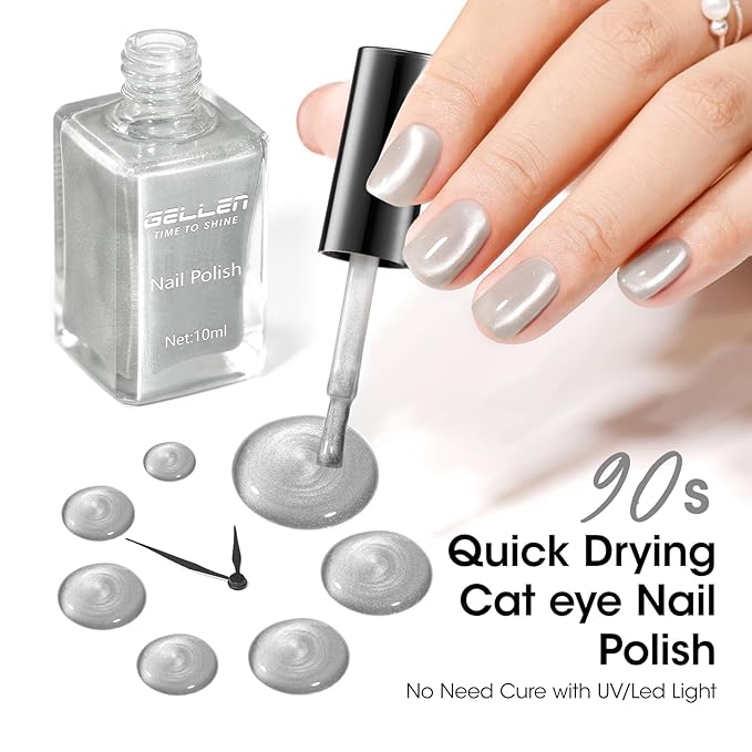 GELLEN Quick Dry Cat Eye Nail Polish Kit, Pink Silver Champagne Magnetic Fingernail Polish, Fast Drying Glitter Nail Lacquer Non Gel with Magnet Tool, DIY Salon Home