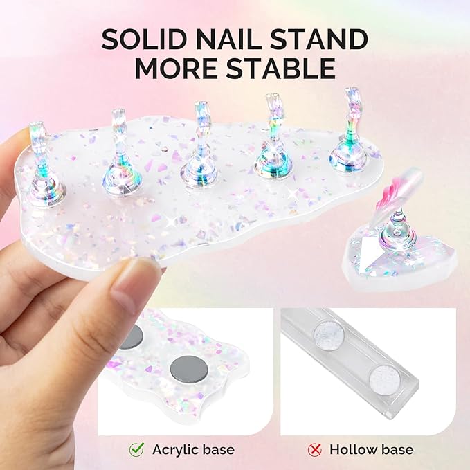 MelodySusie Nail Stand for Press Ons, 3 PCS Shiny Magnetic Bases Sets for Practice Painting Display with Brush Holder and 100 Pcs Reusable Double-Sided Tape for Home DIY Salon Supplies