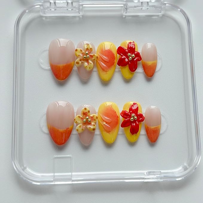 Luxury Press on Nails Short Almond Handmade 3D Unique Reusable ABS Material Fake Nails French Tip False Nails with Designs Flower Yellow&Pink Glossy Glue on Nail Thick Acrylic Nail(S)