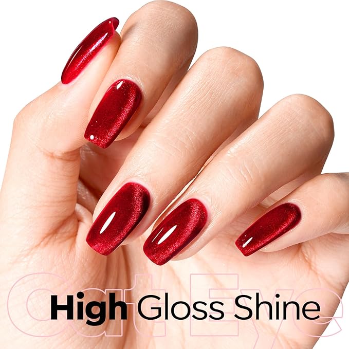 modelones Red Cat Eye Gel Polish Burgundy Red Gel Polish Magnetic Glitter Holographic Ruby Red Gel Nail Polish Valentine Reflective Jelly UV Gel 15 ML