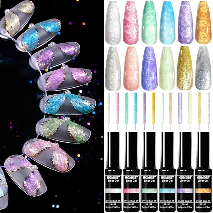 Liner Gel Nail Art Polish 12 Colors Set, Pearl Colors Painted Liner Gel Nail Polish Kits Acrylic Nail Art Line Drawing LED Required