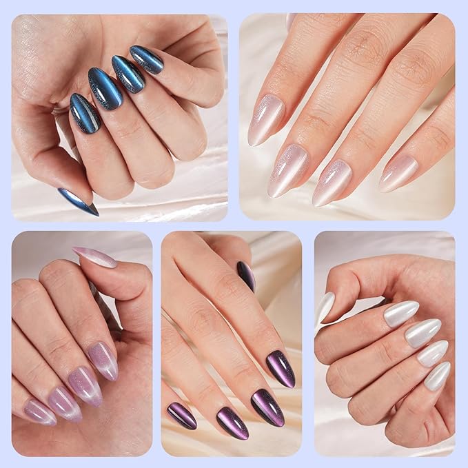 300Pcs Cat Eye Press on Nails Medium Almond, Plauva Soft Gel Fake Nails, Glossy Glitter Cat Eye Nail Tips for Women and Girls Stick On Nails in 15 Sizes