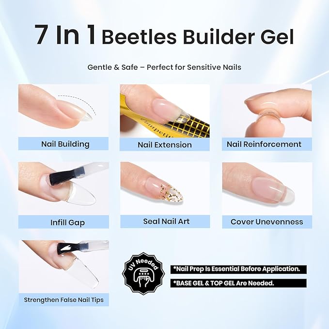 Beetles Builder Gel Set,Dew Glow 2 Pcs 0.5 oz 8 in 1 Nail Strengthening Apex Building Nail Extension for Beginner DIY Salon at Home,Clear Gel Builder for Nails,UV & LED Lamp Needed