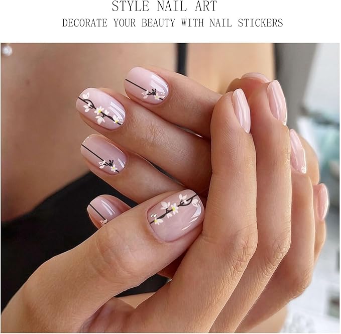 JMEOWIO Gel Nail Stickers White Flower Semi Cured Gel Nail Strips Wraps UV/LED Nails Art Design Decoration Accessories