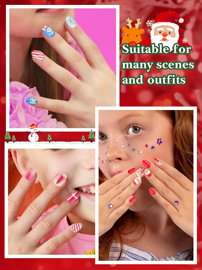 78 Pieces Christmas Press on Nails for Kids, EBANKU 3 Pack Kid Fake Nail Kit Old Christmas Cute Press on Nails for girls 8-12 Years with Jelly Nail Adhesives & Nail Builder Glue