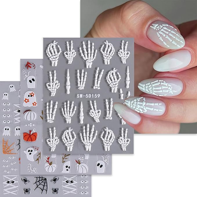 Halloween Nail Art Stickers Decals Ghost Pumpkin Spider Nails Sticker 5D Embossed Skull Hand Nails Decals Self-Adhesive Spider Web Eye Nail Art Decal for Women Halloween Decor