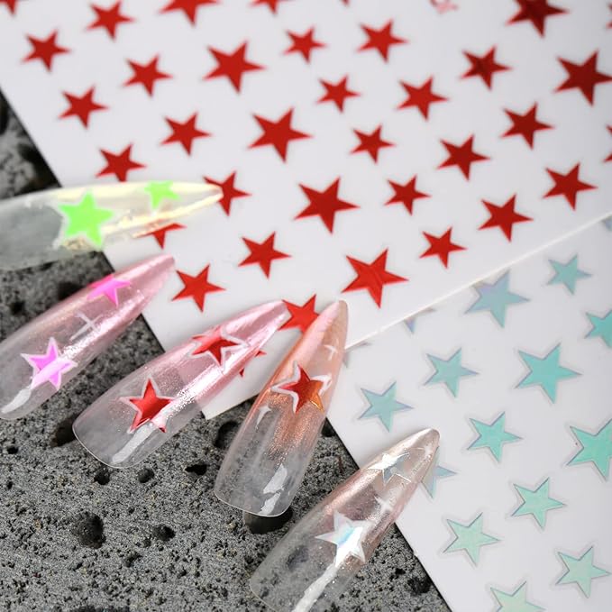 12 Colors Stars Nail Art Stickers, Laser Gold Silver Red Black White Pink Yellow Green Five-Pointed Star Nail Transfer Decals, 3D Stars Self-Adhesive Sticker Design for Women Manicure Decorations