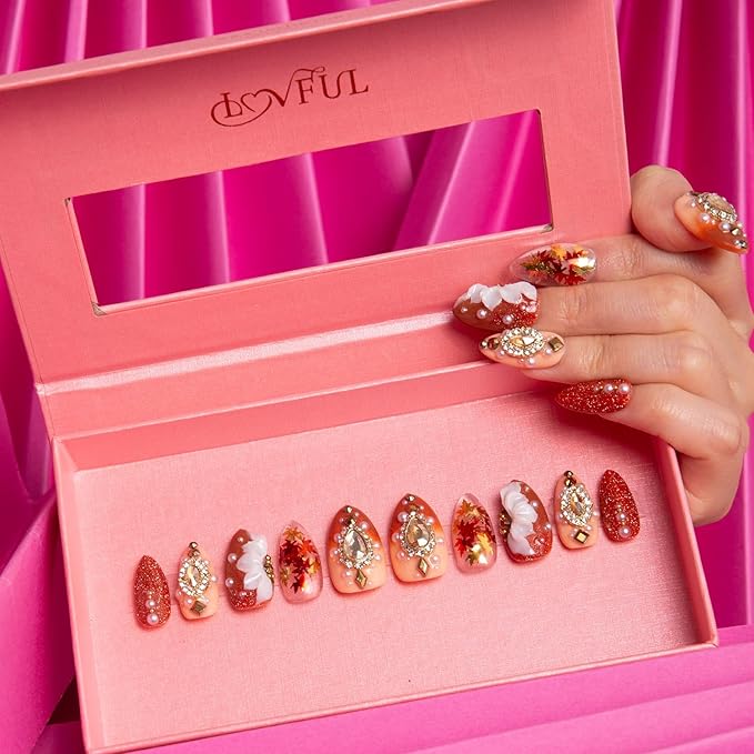 LOVFUL Press on Nails Golden Cascade | Handmade with Full Covered Crystals | Reusable Fake Nails | Almond Regular 1.0 in | H343-S