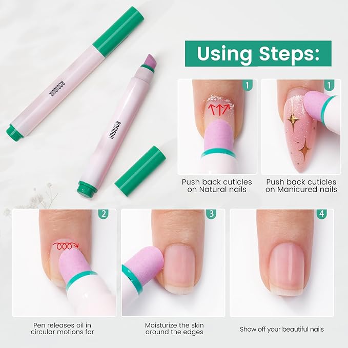 3PCS Ceramic Cuticle Oil Pusher Pen: 3-in-1 Nail Cuticle Buffer Pens for Hangnails, Dry & Damaged Nails, Moisturize Strengthen Brighten Nails Care