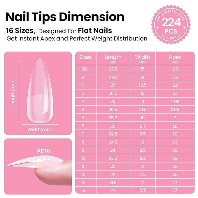 Beetles Tipex Instant Apex Nail Tips Kit – Stiletto Medium, Pre-Building Pre-Etched Thick Acrylic Tips with Tipex Nail Glue, Dehydrator, Primer, Base & Top Coat, Mini UV Lamp 224PCS in 16 Sizes