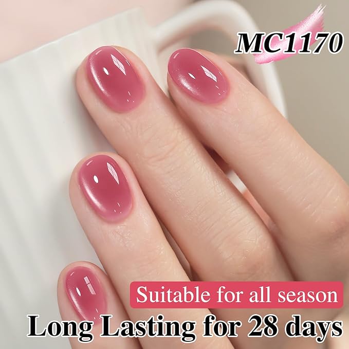 Double Rhythm 0.5 Oz Cat Eye Gel Polish with Magnet Same Color Same Bottle Holographic Glitter Shimmer Translucent Color Salon 15 ML Magnetic Nail Art (Rose Red-MC1170)