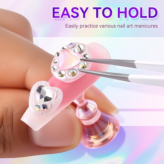 Makartt Nail Holder for Painting Nails: Press on Nails Stand for Art Display Practice, Pink Glitter Magnetic Fake Holders with Reusable Adhesive Putty Nail Art Tool for Home Salon DIY Use