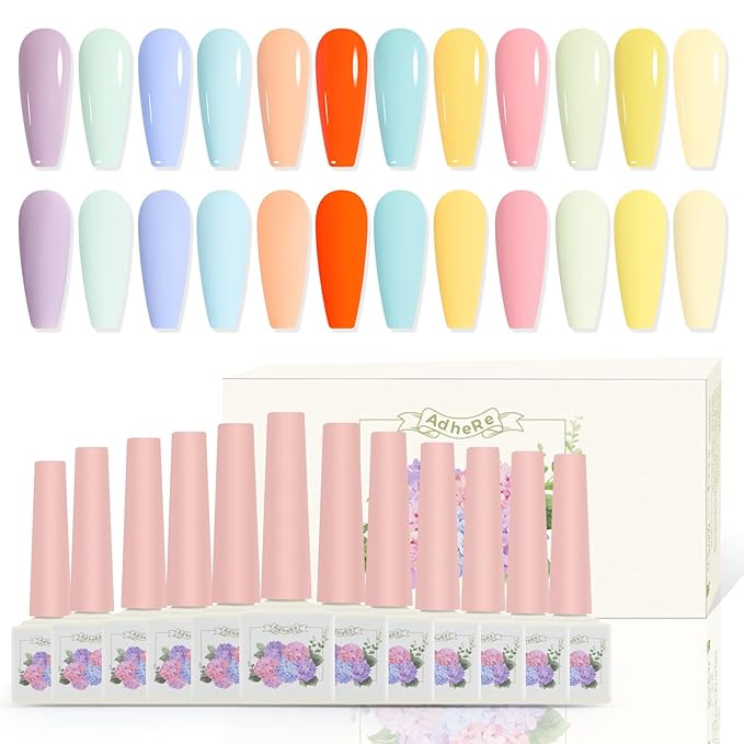 ADHERE 12 Colors Gel Nail Polish Set,12 ML Candy Colors UV Gel Polish Gel Nail Kit, Nude Pink Green Blue Purple Yellow Gel Nail Gifts for Women Girl DIY Salon Home Manicure