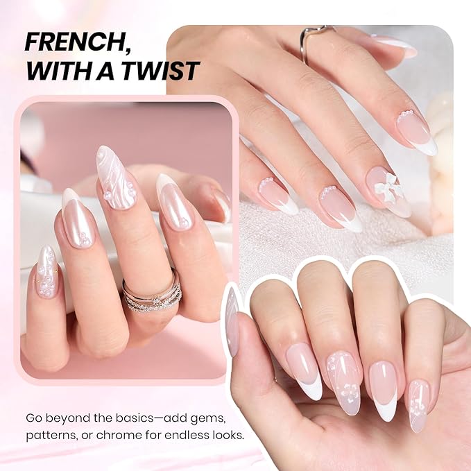Beetles French Tip Gel Polish Set - White Nude Pink Gel Nail Polish Set Soak Off UV LED with 2 Styles Bubble French Manicure Nail Art Sticker Sheets for DIY Home & Salon Easter Gift for Women