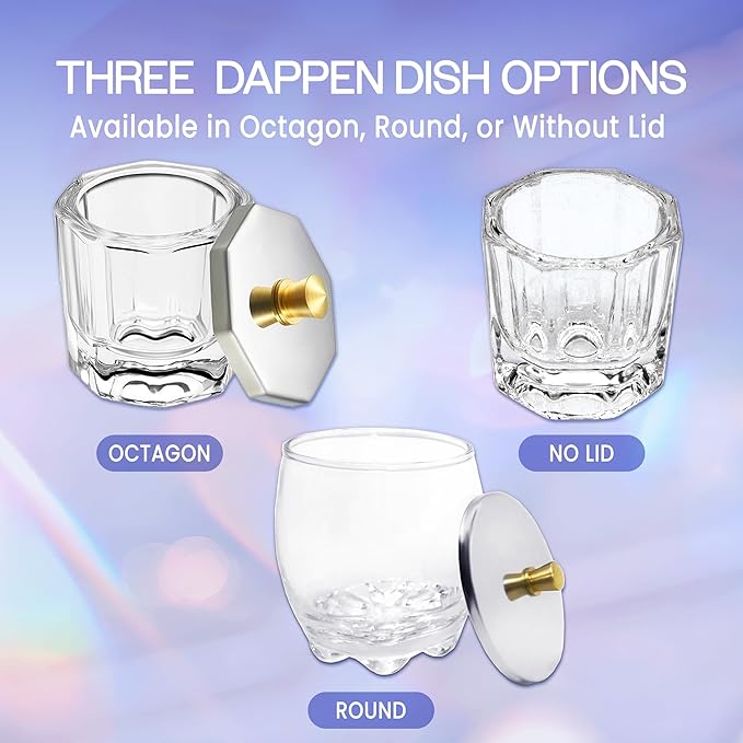 Beauticom Crystal Glass Dappen Dish for Acrylic Nail Dip Powder, Monomer, and Nail Polish Remover (Round Shape w/Stainless Steel Lid, 3 Pieces)