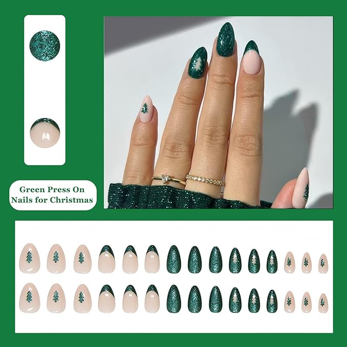 30pcs Shining Green Short Almond Press On Nails with Tree and French Tips for Themed Costumes, Reusable Nail Kit with Nail Adhesive Tabs Mini Nail File, 15 Sizes (Green)